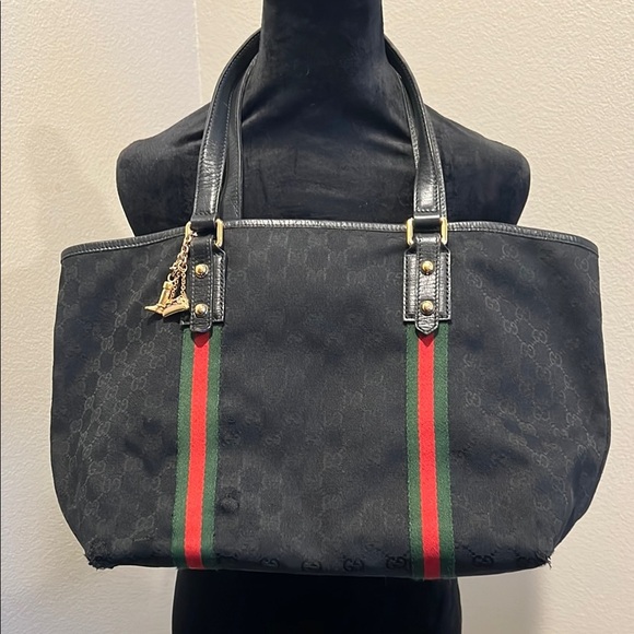 Gucci Handbags - Gucci Black Tote Bag with Red and Green Stripes